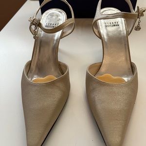 Stuart Weitzman Oyster Sparkle Lame Strappy Heels